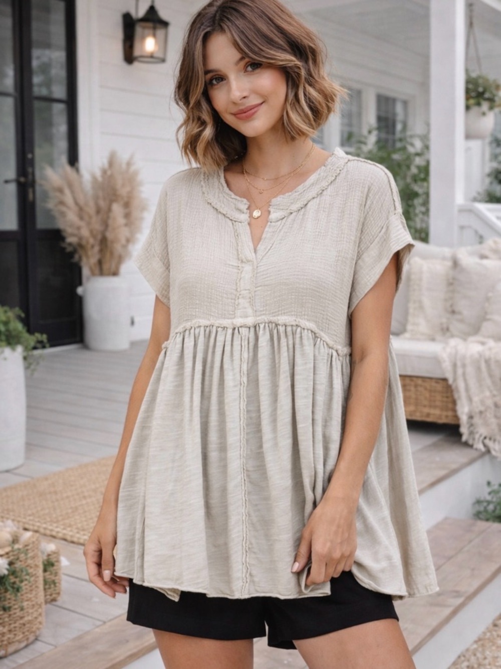 Mixed Media Mineral Wash Babydoll Short Sleeve Blouse